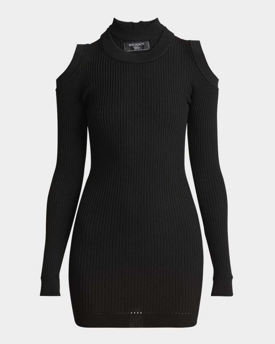 Double-Collar Cold-Shoulder Rib Mini Dress